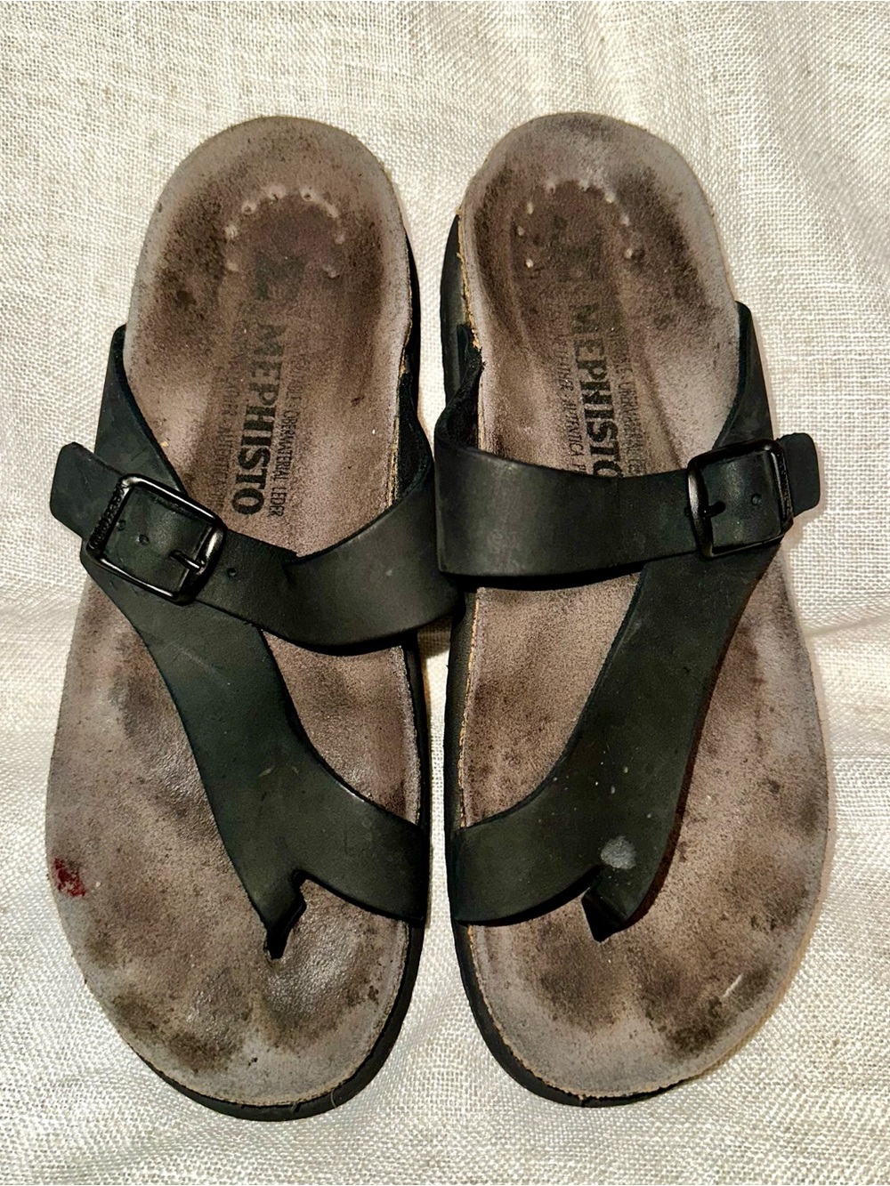 Mephisto Black Leather Cork Footbed Thong Sandals Size 38 US 7.5 8